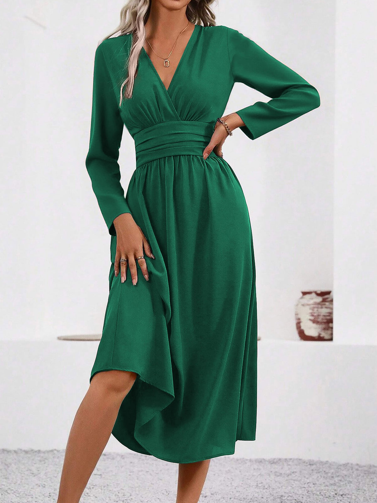 V Neck Long Sleeves Ruched Smocked Midi A-Line Dress