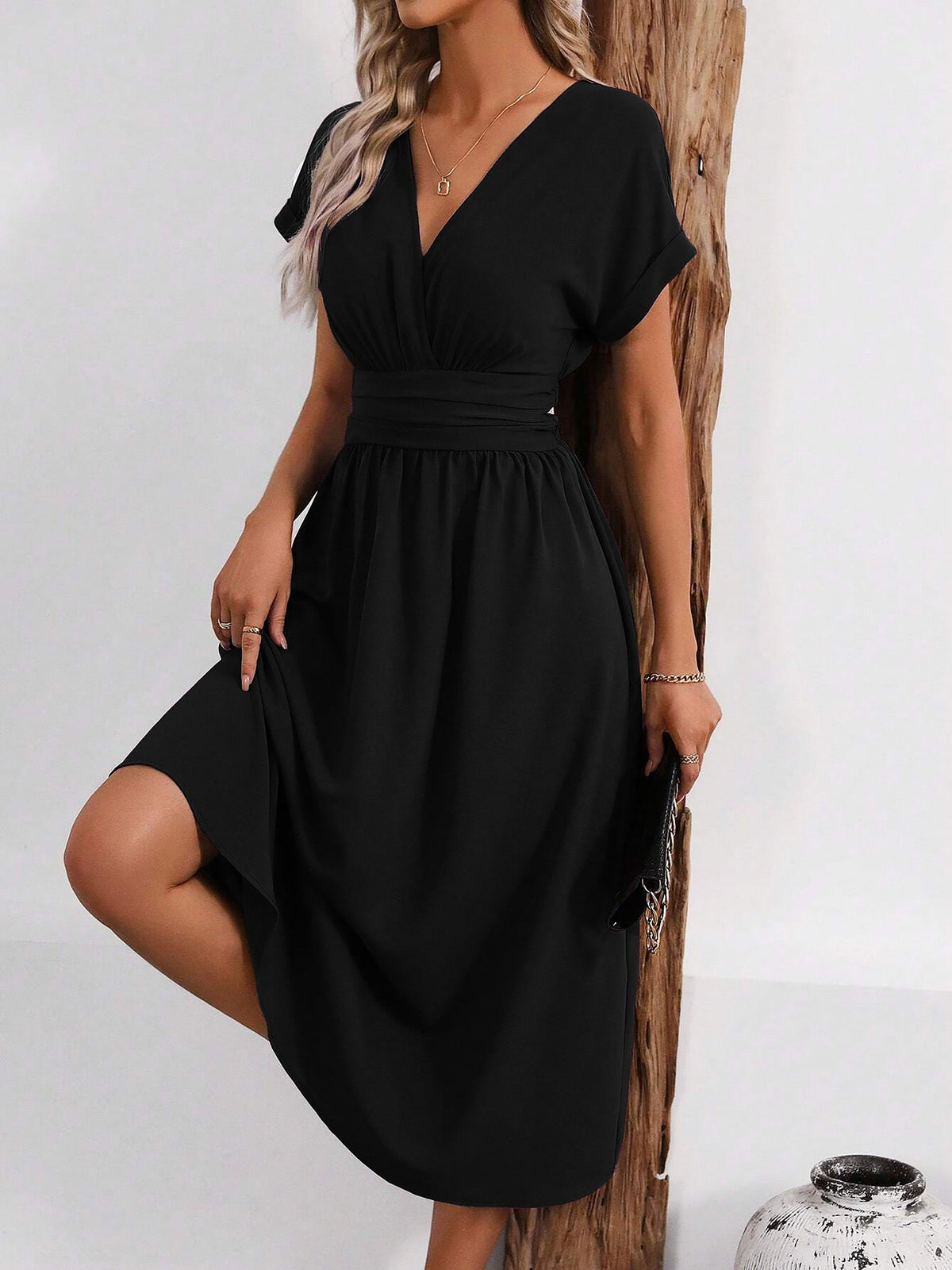 V Neck Short Sleeves Ruched Smocked A-Line Midi Dress