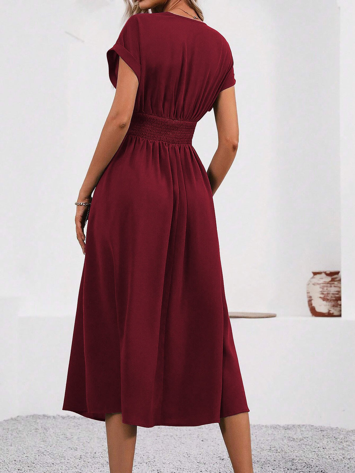 V Neck Short Sleeves Ruched Smocked A-Line Midi Dress