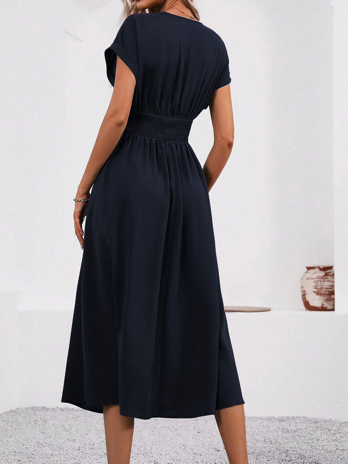 V Neck Short Sleeves Ruched Smocked A-Line Midi Dress