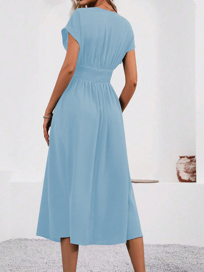V Neck Short Sleeves Ruched Smocked A-Line Midi Dress
