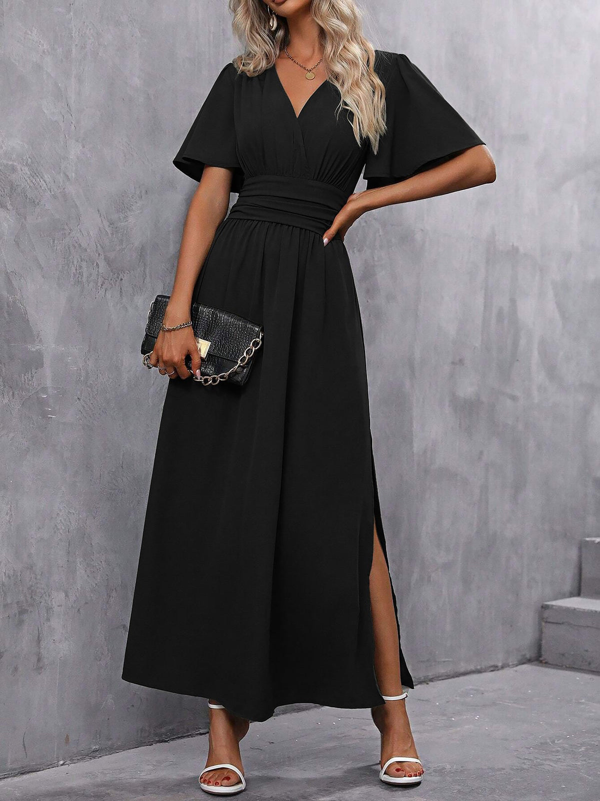 V Neck Flare Sleeves Smocked Slit Maxi Dress