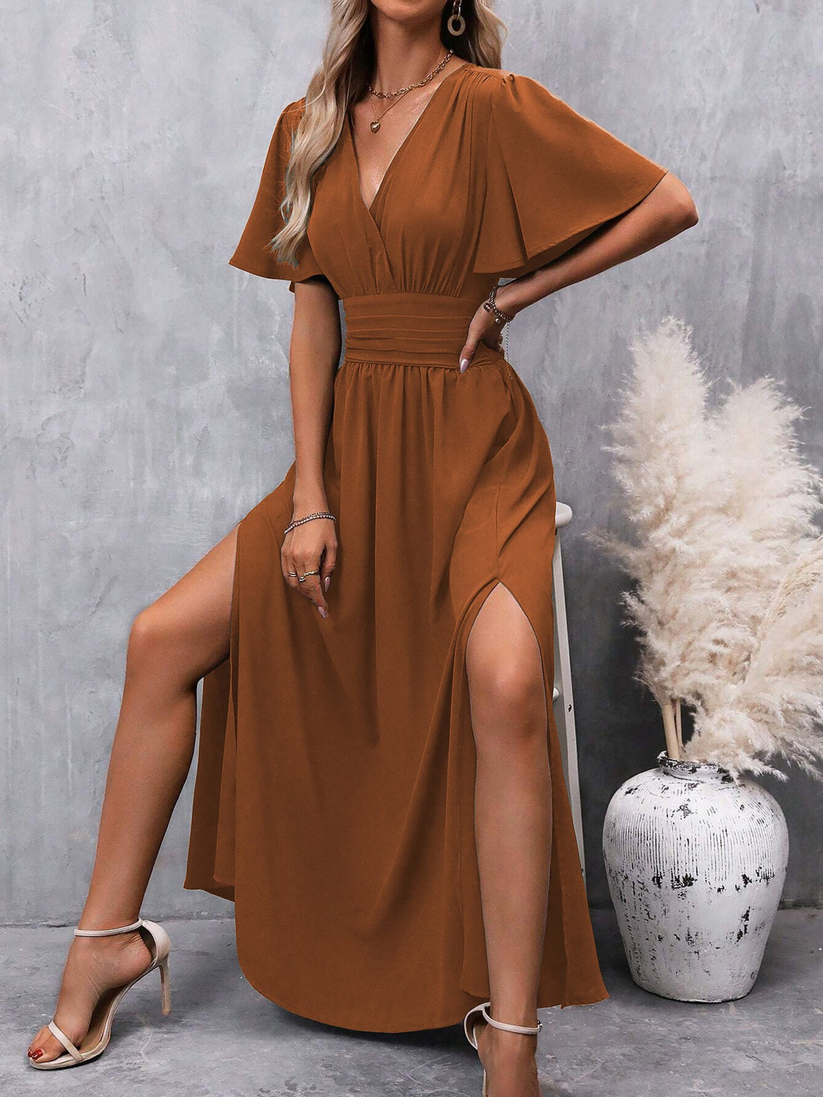 V Neck Flare Sleeves Smocked Slit Maxi Dress