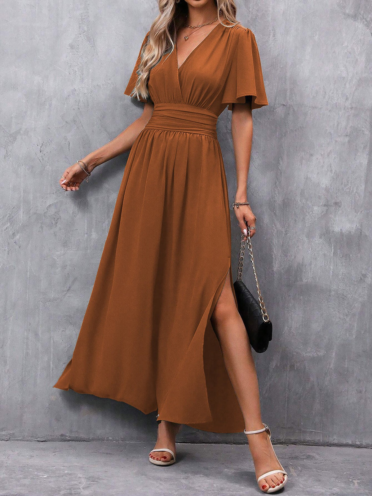 V Neck Flare Sleeves Smocked Slit Maxi Dress