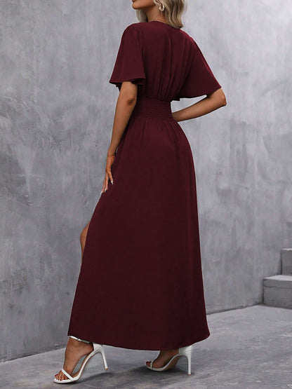 V Neck Flare Sleeves Smocked Slit Maxi Dress