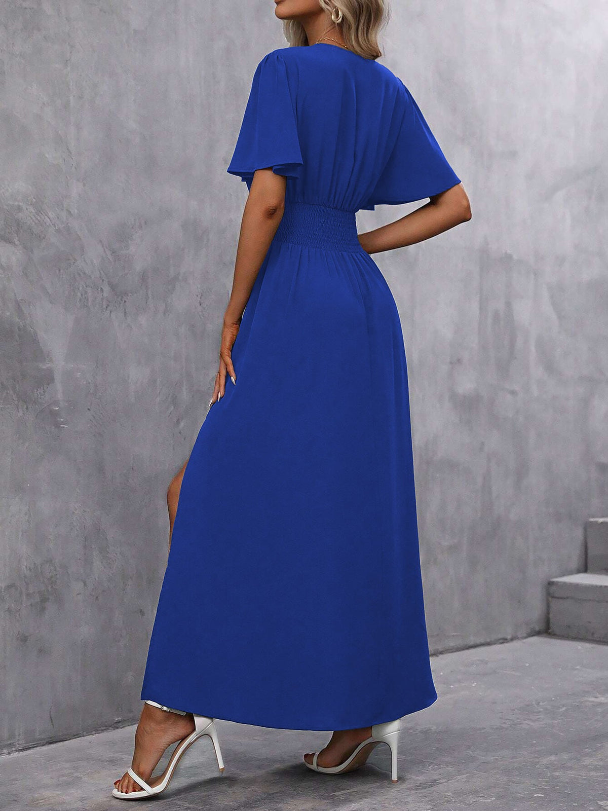 V Neck Flare Sleeves Smocked Slit Maxi Dress