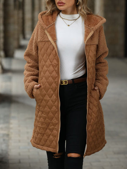 Hooded Zipper Long Sleeves Fleece Patchwork Quited Coat