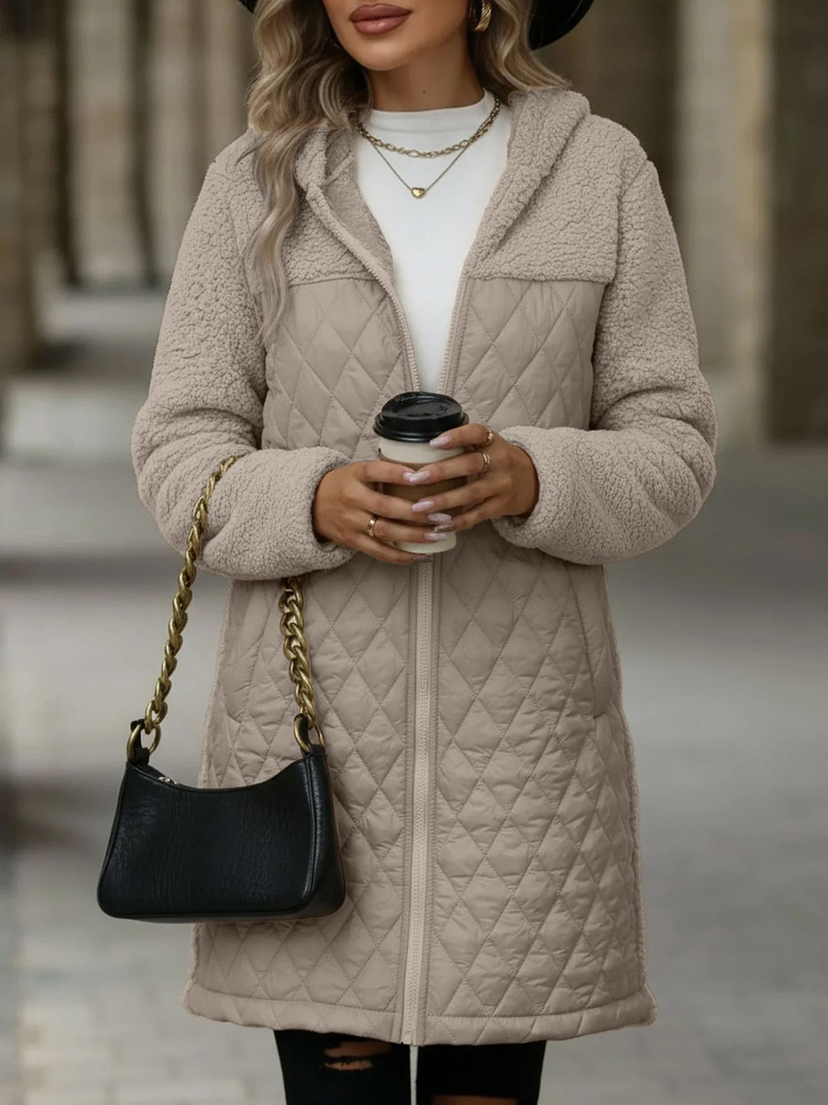 Hooded Zipper Long Sleeves Fleece Patchwork Quited Coat