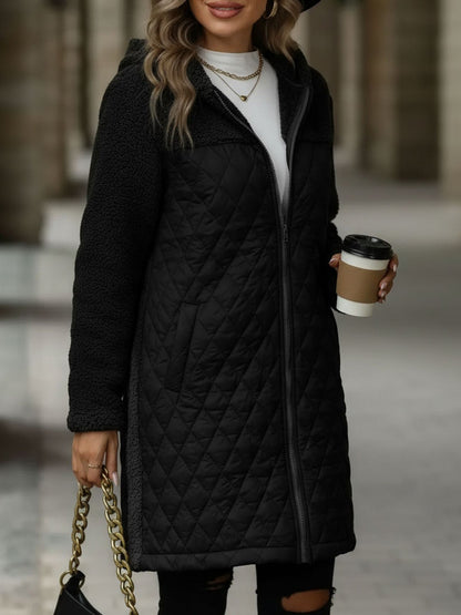 Hooded Zipper Long Sleeves Fleece Patchwork Quited Coat