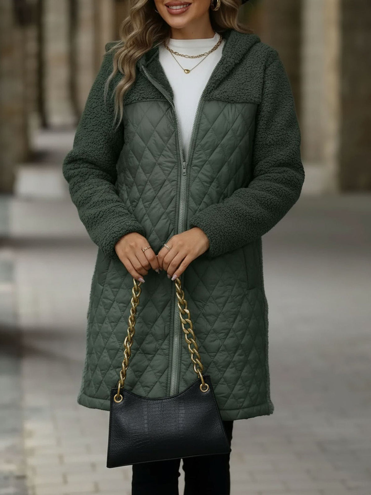 Hooded Zipper Long Sleeves Fleece Patchwork Quited Coat