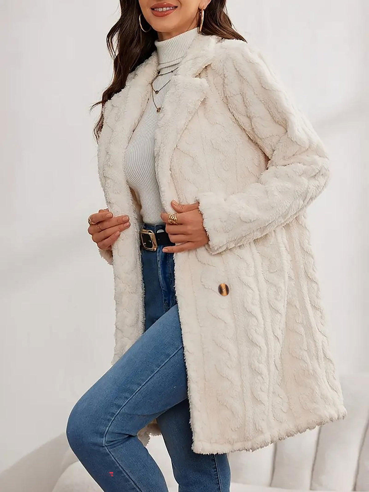 Notched Lapel Double-Breasted Mid-Length Faux Fur Jacket