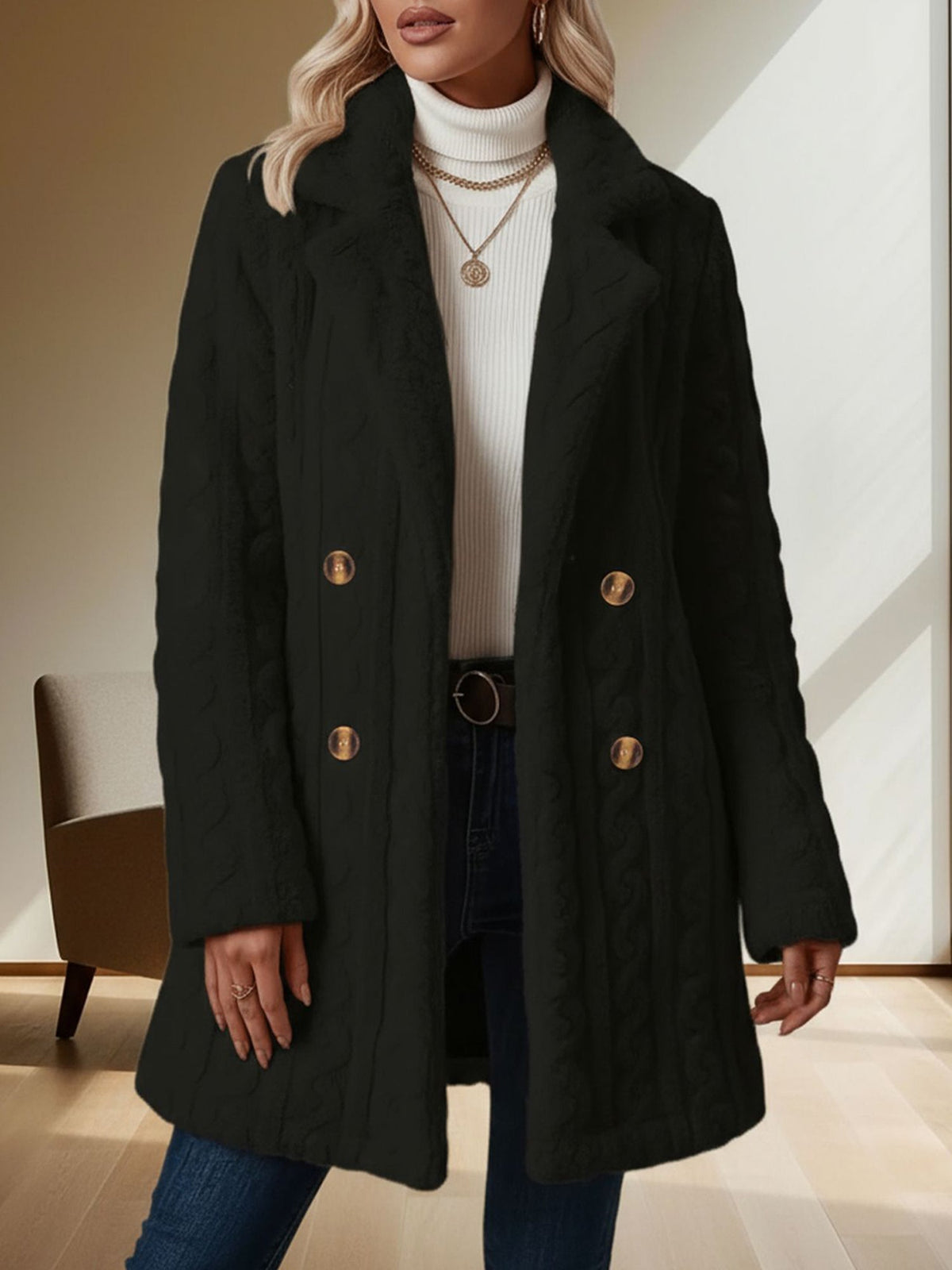 Notched Lapel Double-Breasted Mid-Length Faux Fur Jacket