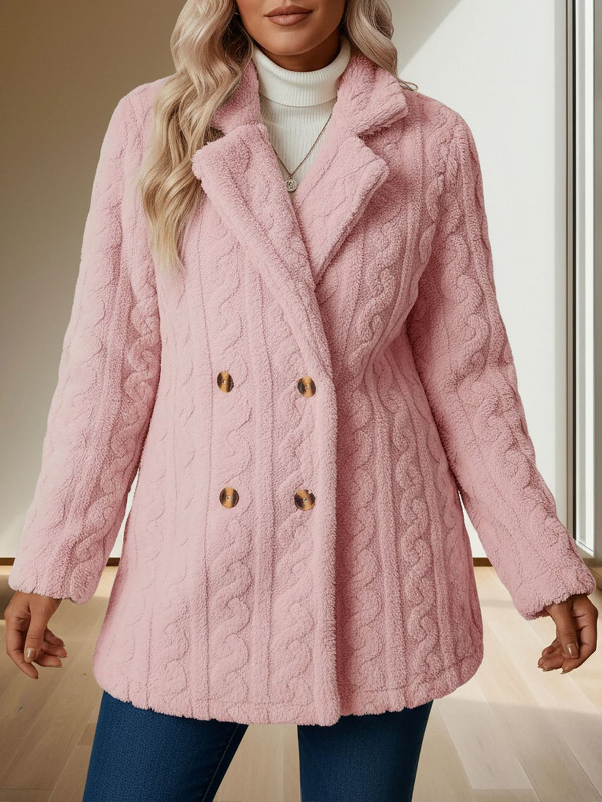Notched Lapel Double-Breasted Mid-Length Faux Fur Jacket