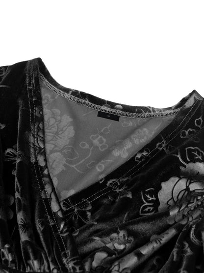 Velvet Floral Textured V Neck Long Sleeves Maxi Dress