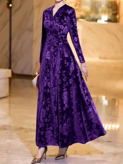 Velvet Floral Textured V Neck Long Sleeves Maxi Dress