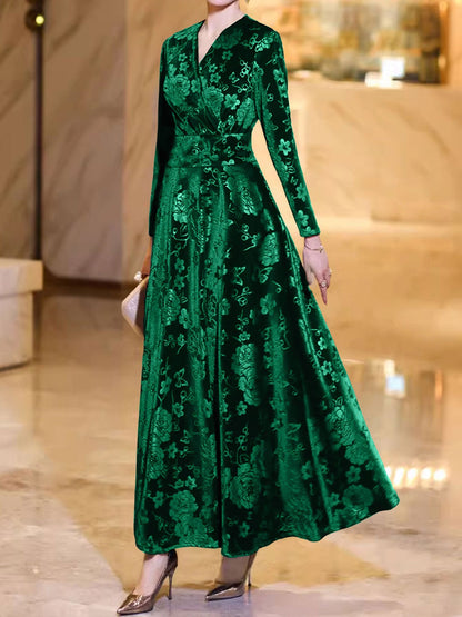 Velvet Floral Textured V Neck Long Sleeves Maxi Dress