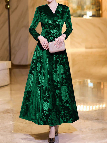 Velvet Floral Textured V Neck Long Sleeves Maxi Dress