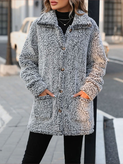 Loose Fit Collared Button Down Mid-Length Faux Fur Coat