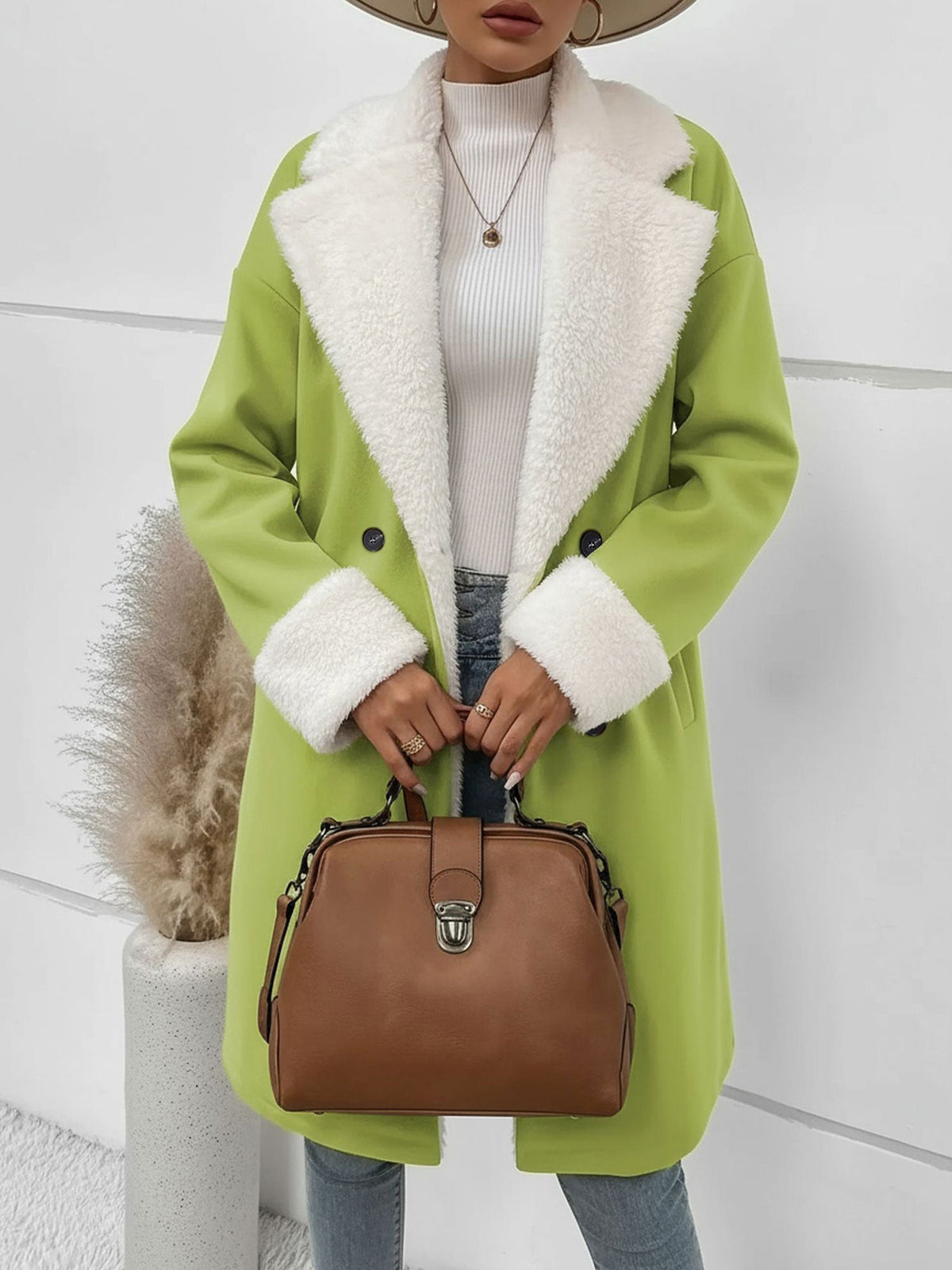 Fleece-Lined Notched Lapel Mid-Length Coat