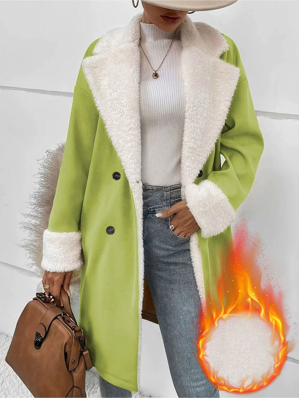 Fleece-Lined Notched Lapel Mid-Length Coat