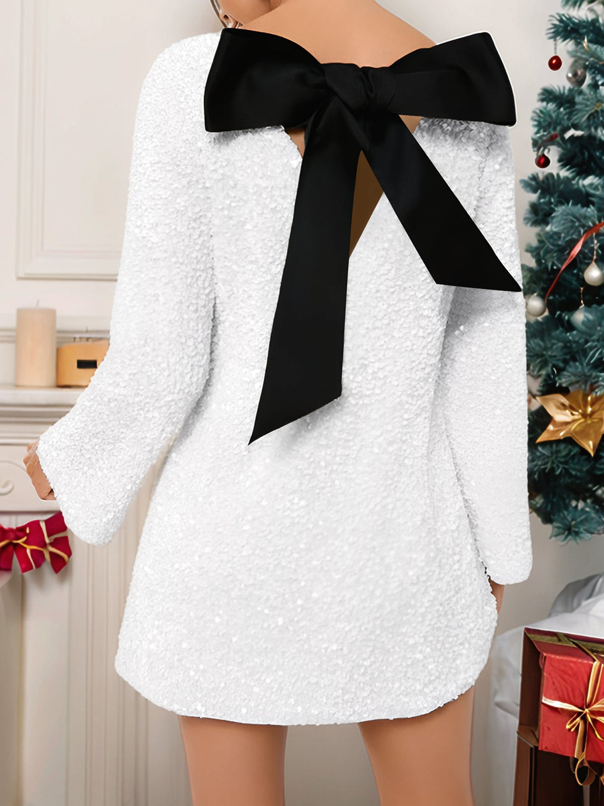 Sequined Back Bow Bell Sleeves Boat Neck Mini Dress