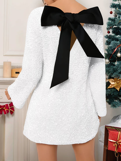 Sequined Back Bow Bell Sleeves Boat Neck Mini Dress