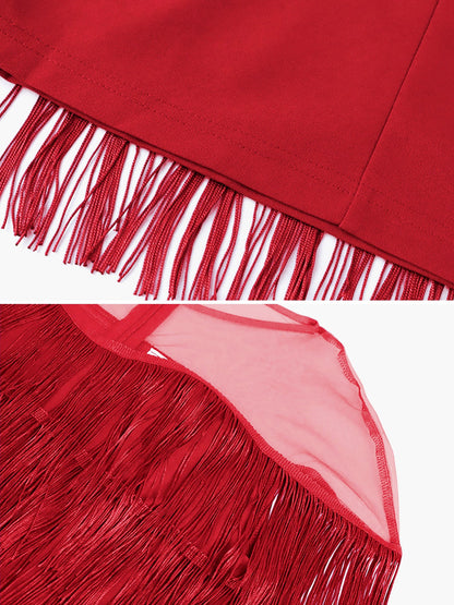 Tasseled Fringed Illusion Neck Slit Midi Cocktail Dress