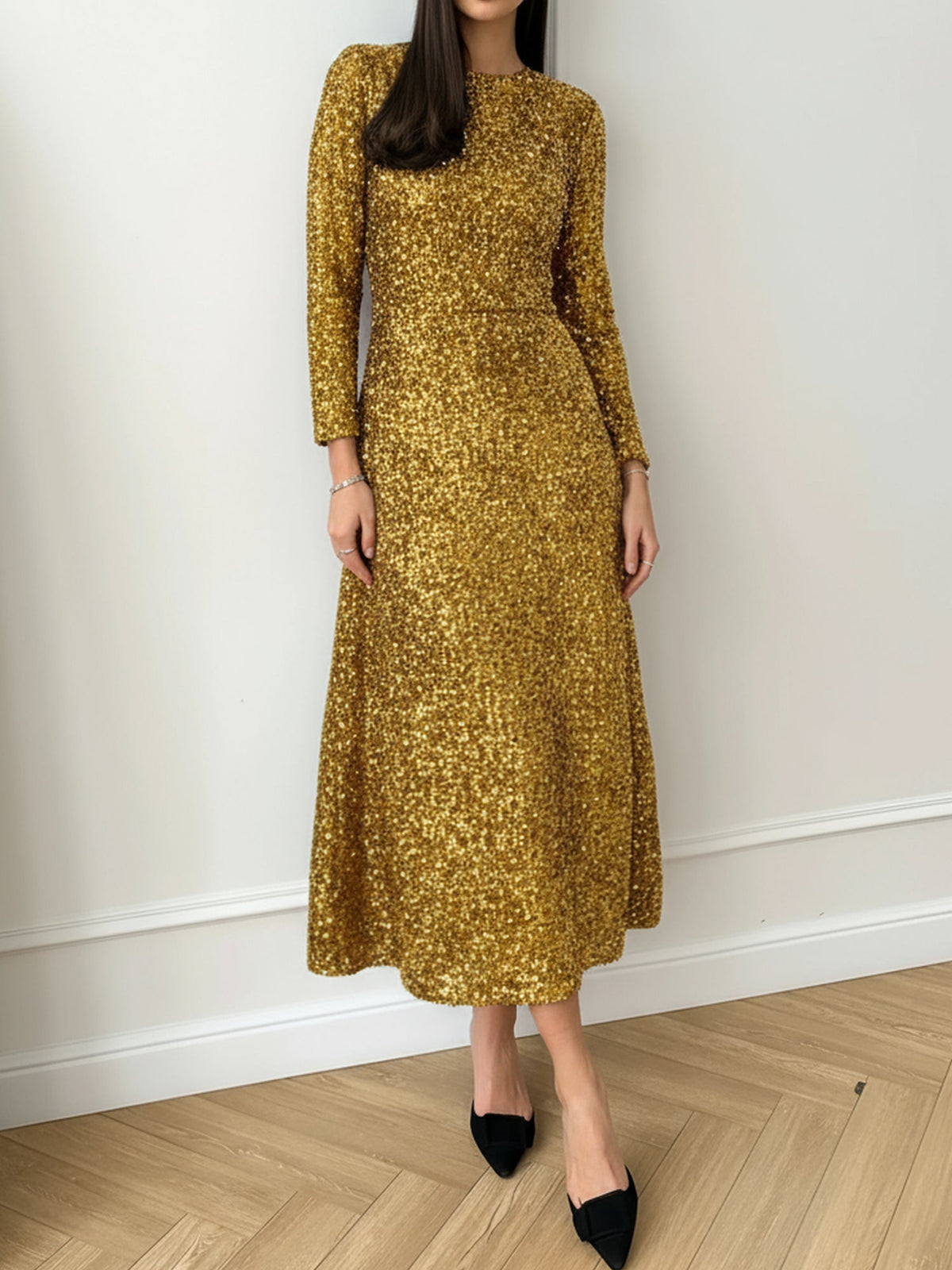 Velvet Sequin Crew Neck Long Sleeves A-Line Midi Dress