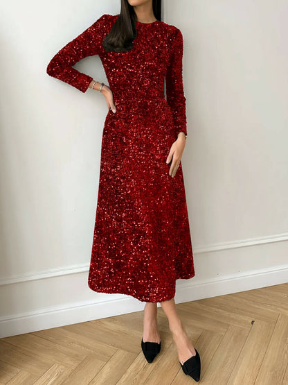 Velvet Sequin Crew Neck Long Sleeves A-Line Midi Dress