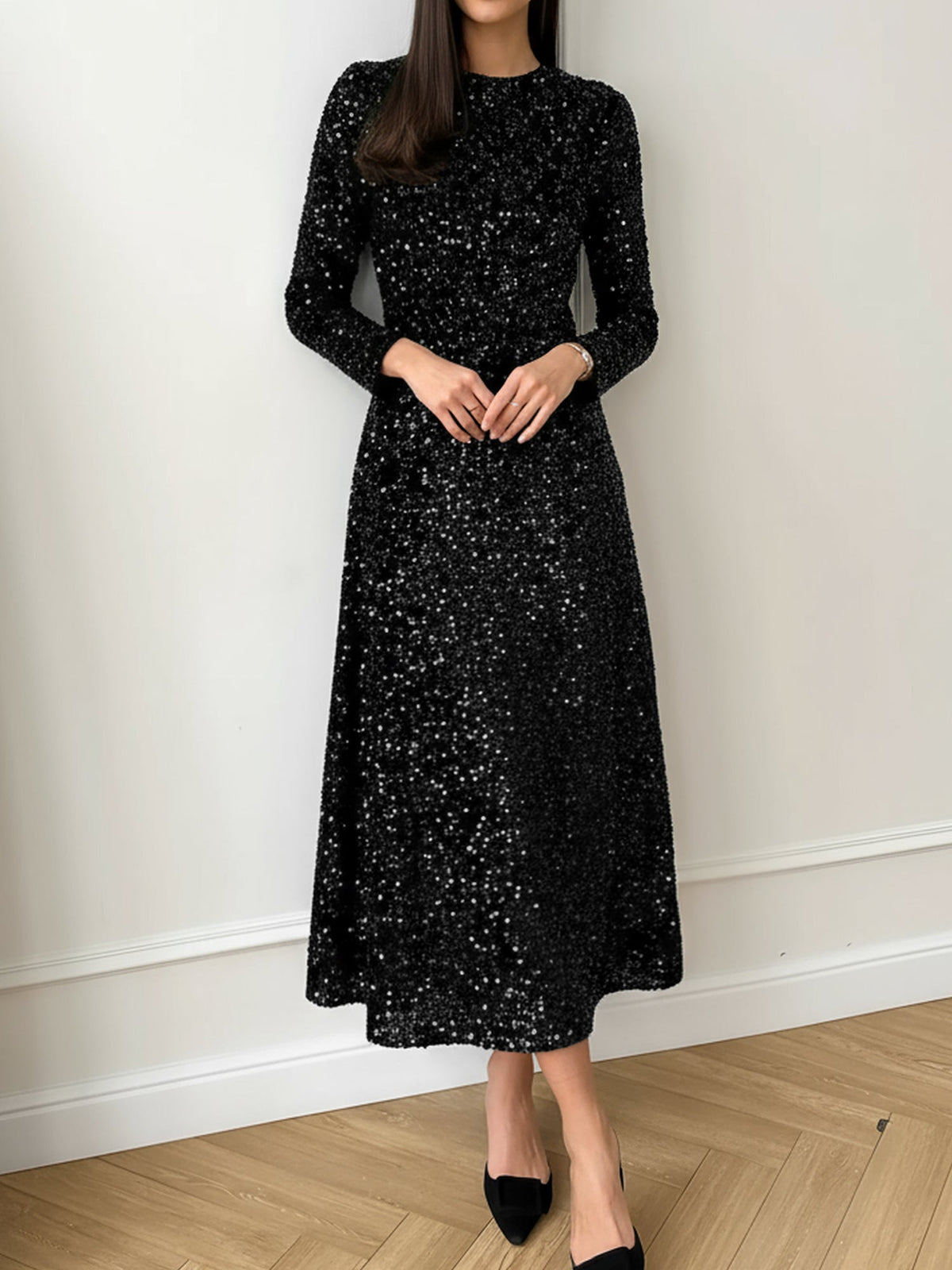 Velvet Sequin Crew Neck Long Sleeves A-Line Midi Dress