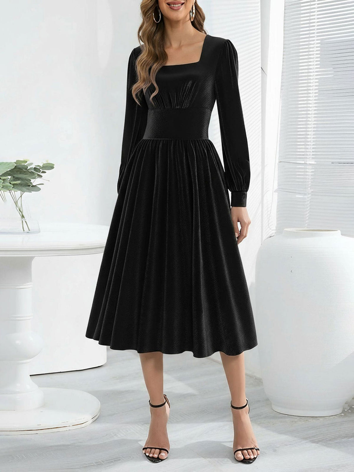 Square Neck Long Sleeve Velvet Christmas A-Line Dress