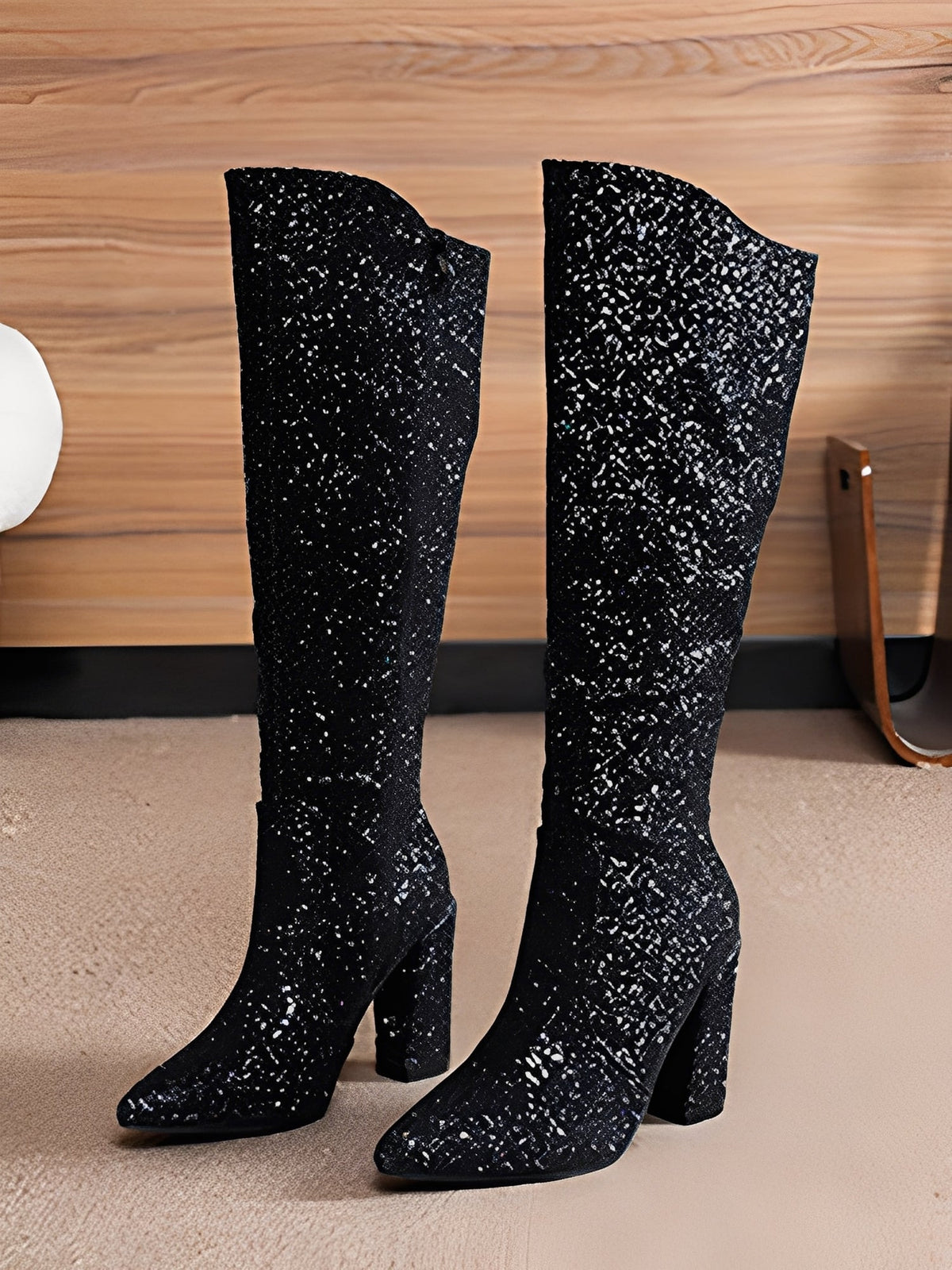 Glitter Sequined Chunky Heels Round Toe Knee High Boots