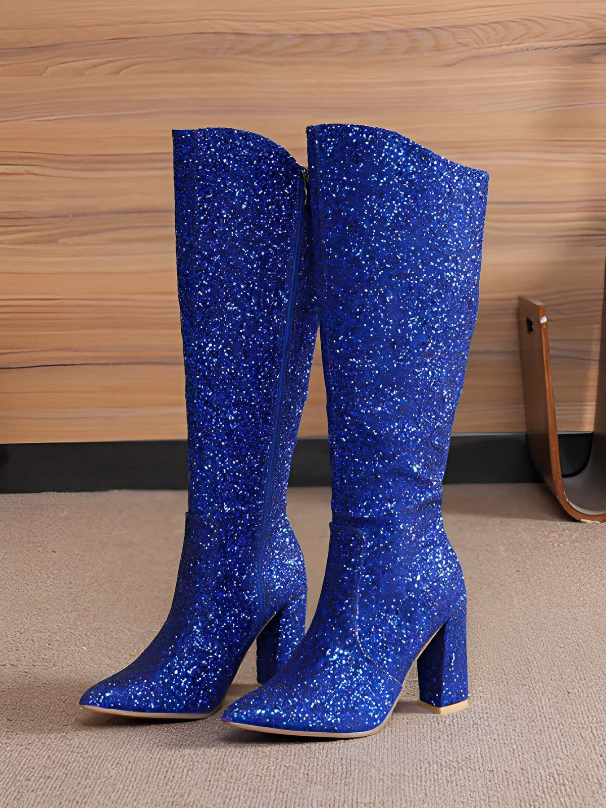 Glitter Sequined Chunky Heels Round Toe Knee High Boots