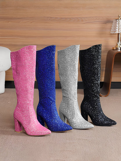 Glitter Sequined Chunky Heels Round Toe Knee High Boots
