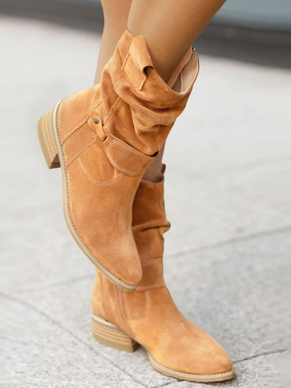 Faux Suede Low Heel Round Toe Ankle Boots