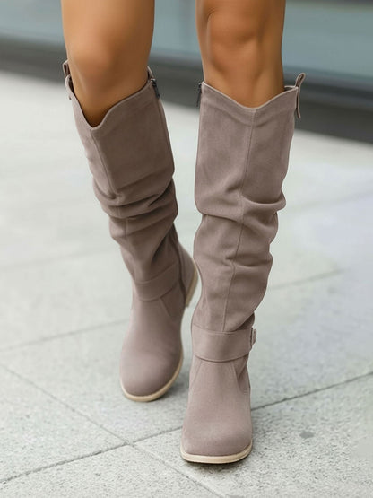 Faux Suede Round Toe Side Zipper Knee High Boots