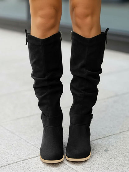 Faux Suede Round Toe Side Zipper Knee High Boots