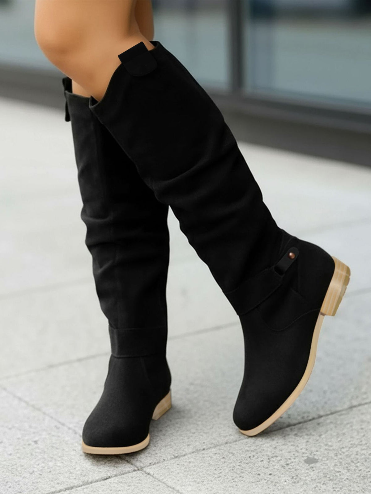 Faux Suede Round Toe Side Zipper Knee High Boots