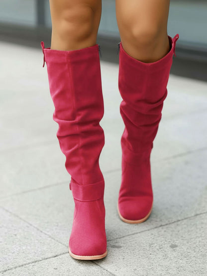Faux Suede Round Toe Side Zipper Knee High Boots