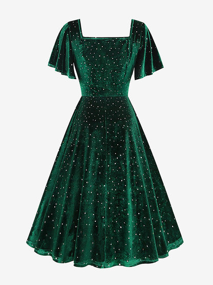 Vintage Velvet Flare Sleeves Square Neck Swing Dress
