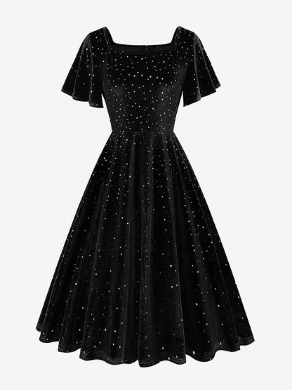 Vintage Velvet Flare Sleeves Square Neck Swing Dress