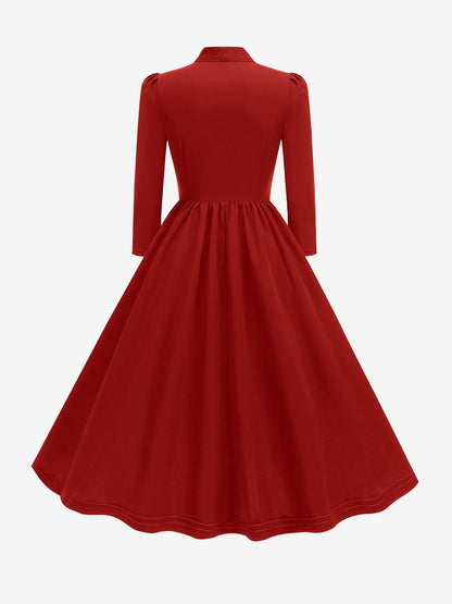 Bow Tie Neck Button Down Midi Swing Dress