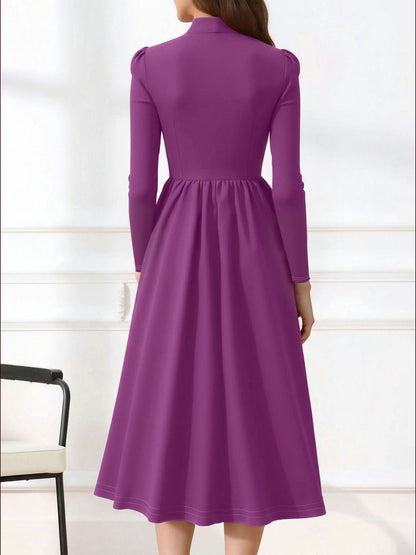 Bow Tie Neck Button Down Midi Swing Dress