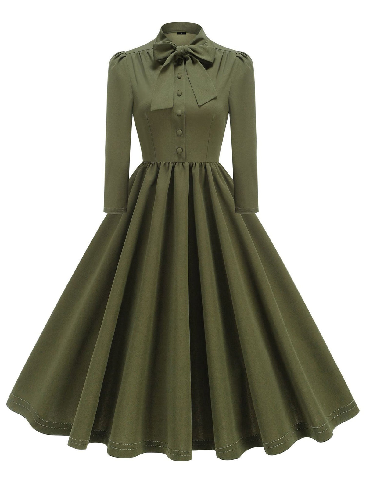 Bow Tie Neck Button Down Midi Swing Dress