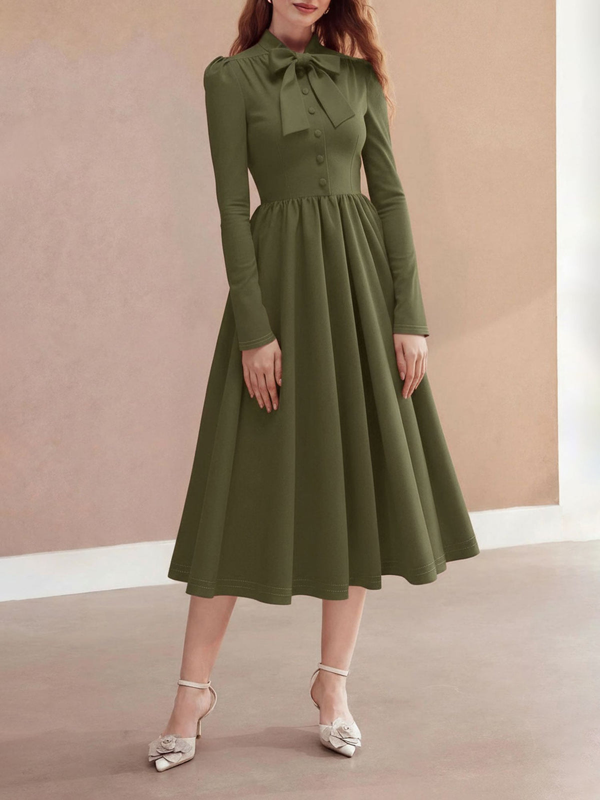 Bow Tie Neck Button Down Midi Swing Dress