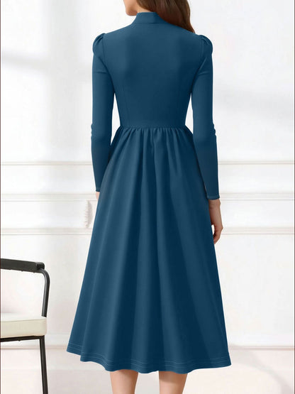 Bow Tie Neck Button Down Midi Swing Dress