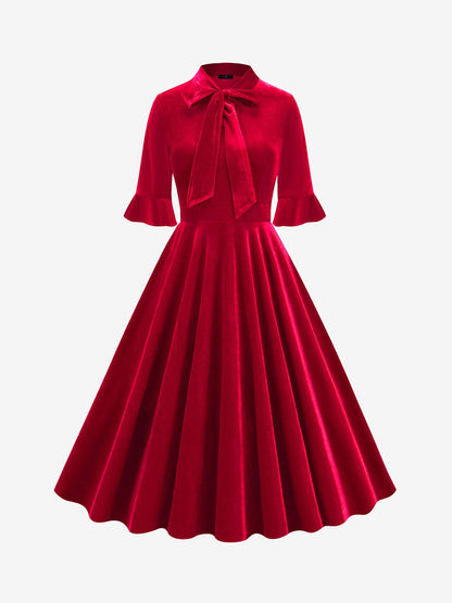 Vintage Velvet Ruffled Sleeves Bow Tie Midi Swing Dress