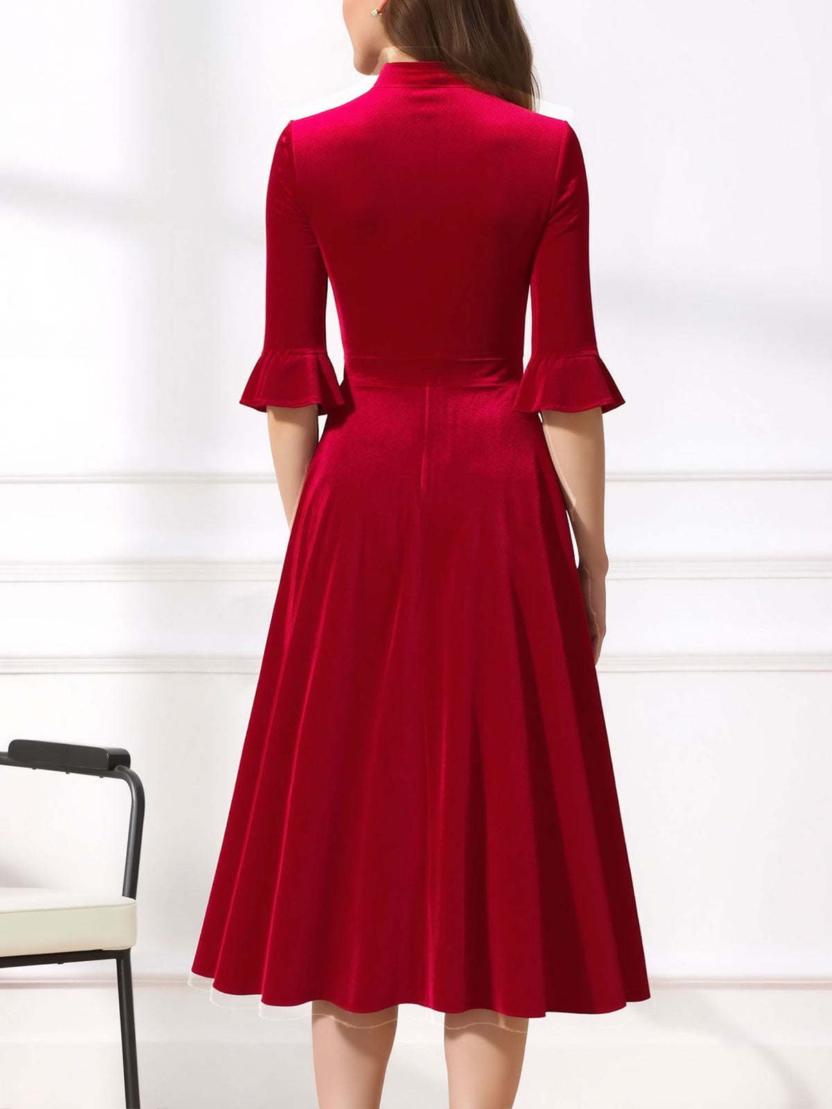 Vintage Velvet Ruffled Sleeves Bow Tie Midi Swing Dress
