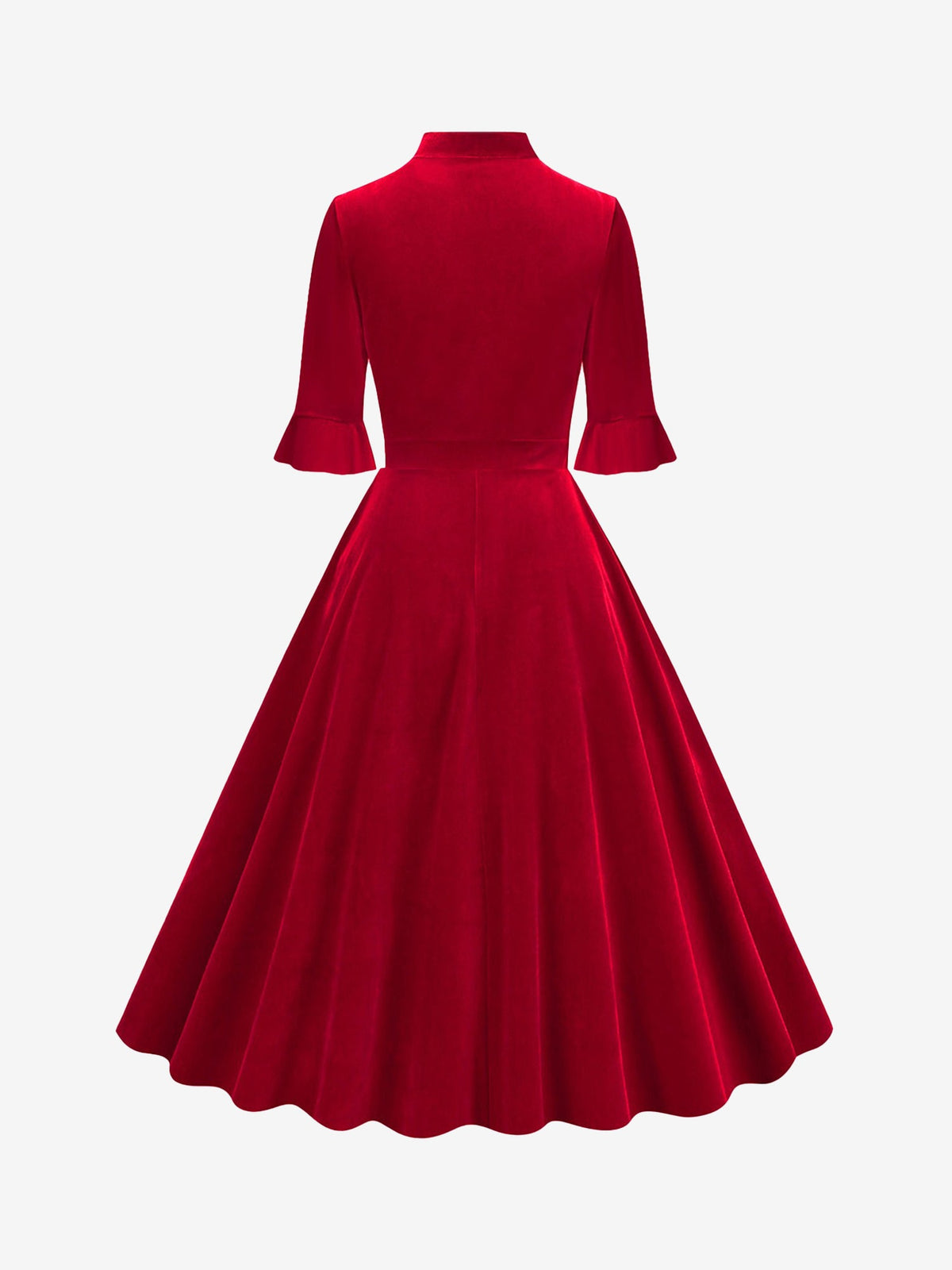 Vintage Velvet Ruffled Sleeves Bow Tie Midi Swing Dress