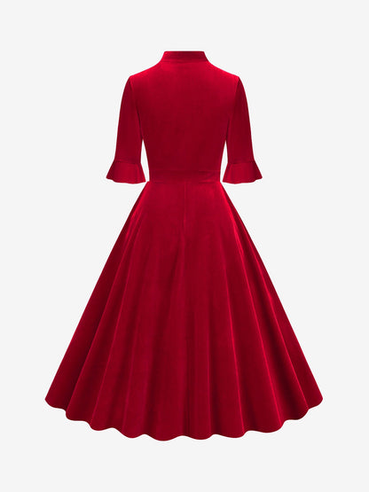 Vintage Velvet Ruffled Sleeves Bow Tie Midi Swing Dress